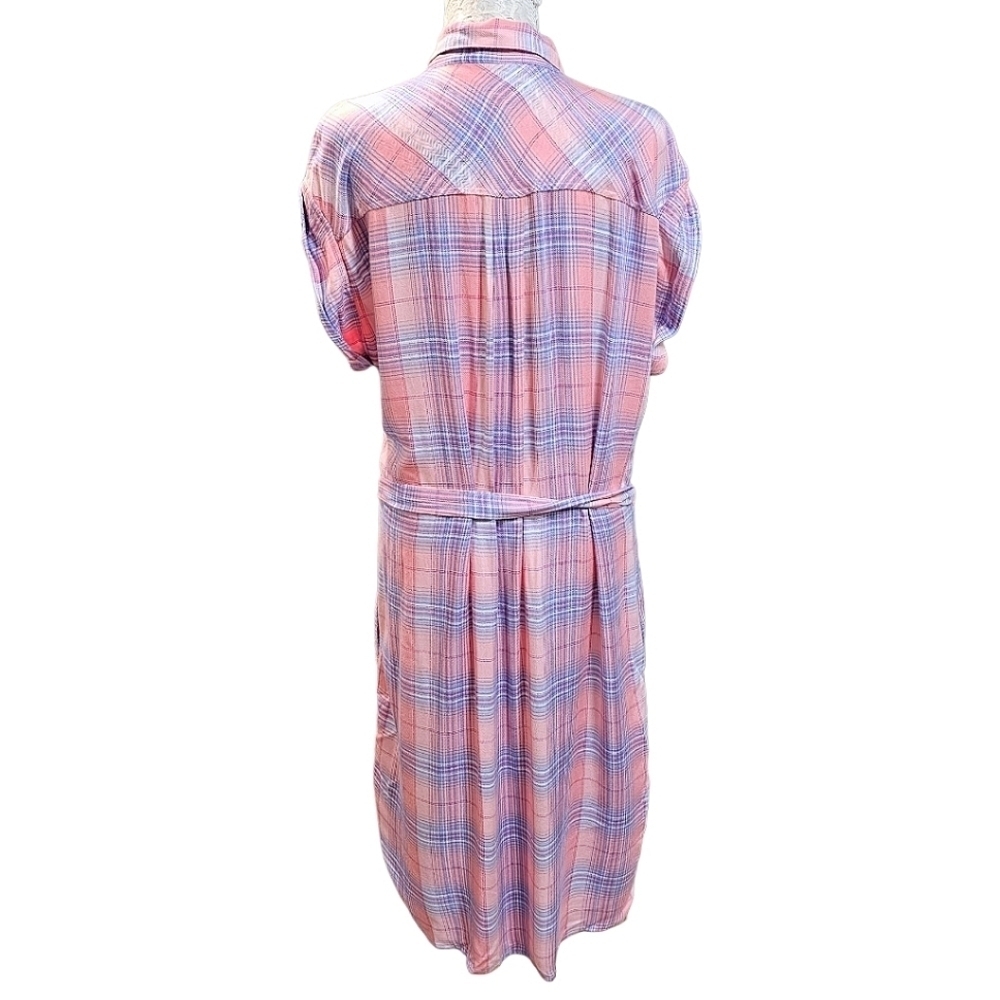 GAP Pink Plaid Button Up Shirtdress Size Medium Tall Belted Lightweight Rayon - Picture 4 of 9